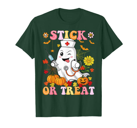 Stick Or Treat Nurse Funny Halloween Costume Boo Ghost Women T-Shirt
