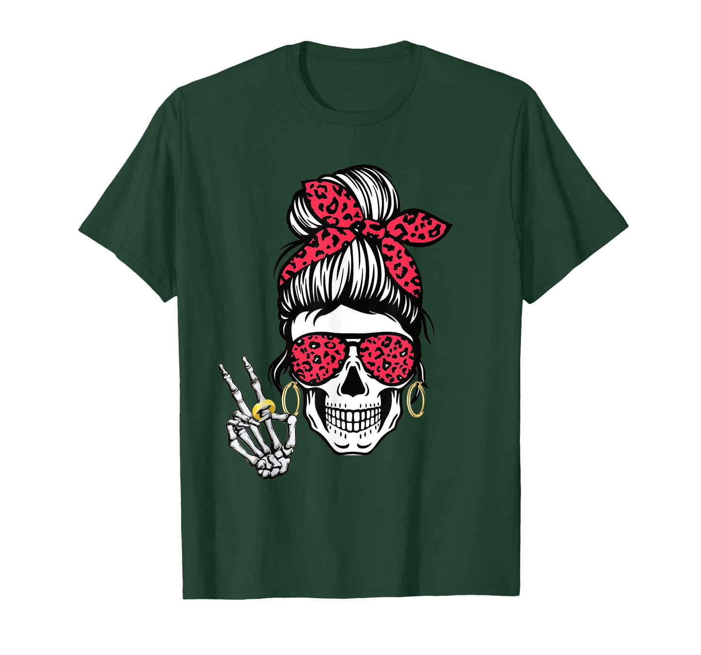 Boho Skeleton Peace Sign Messy Bun Bandana Halloween Apparel T-Shirt