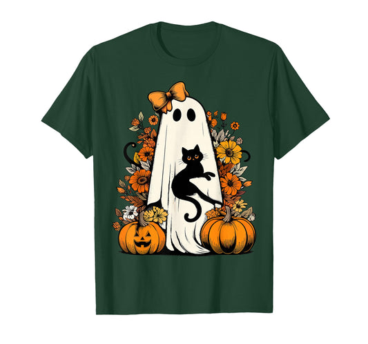 Retro Halloween Ghost Holding Black Cat Floral Halloween Cat T-Shirt