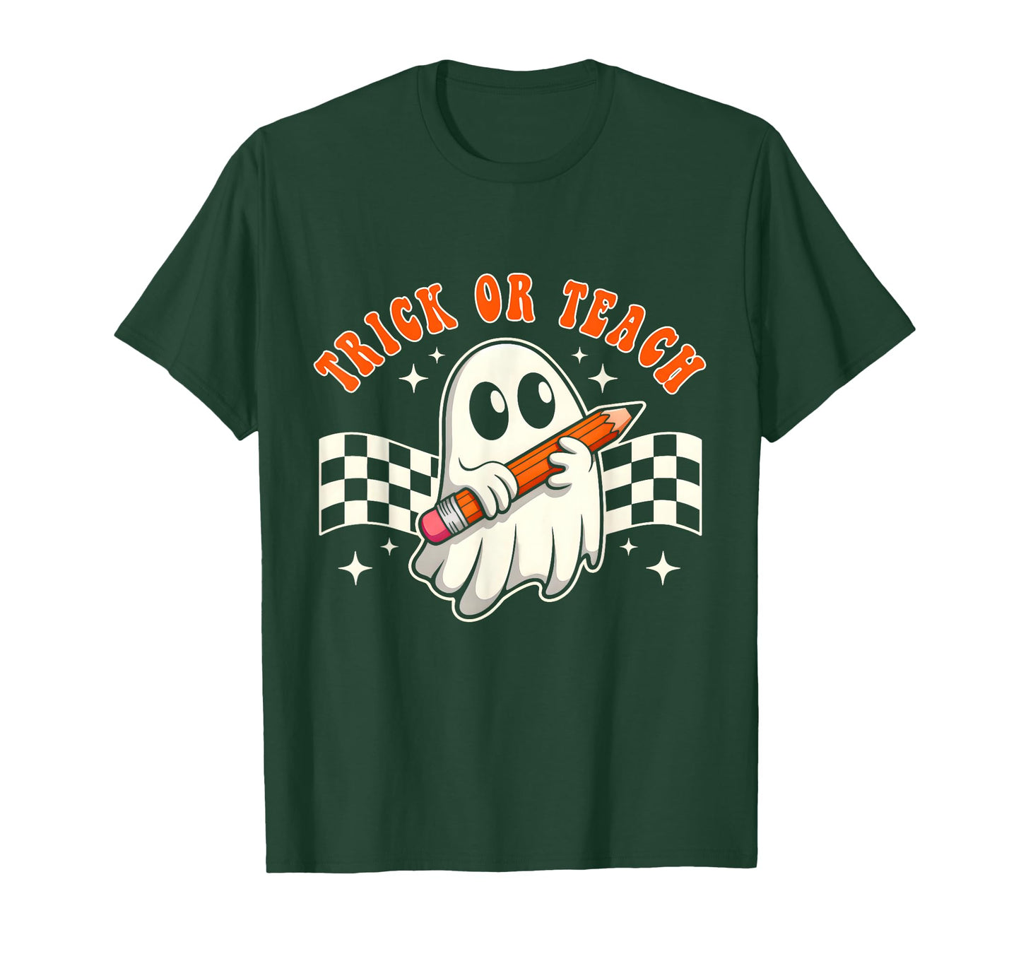 Trick Or Teach Groovy Retro Ghost Halloween Teacher Kids T-Shirt