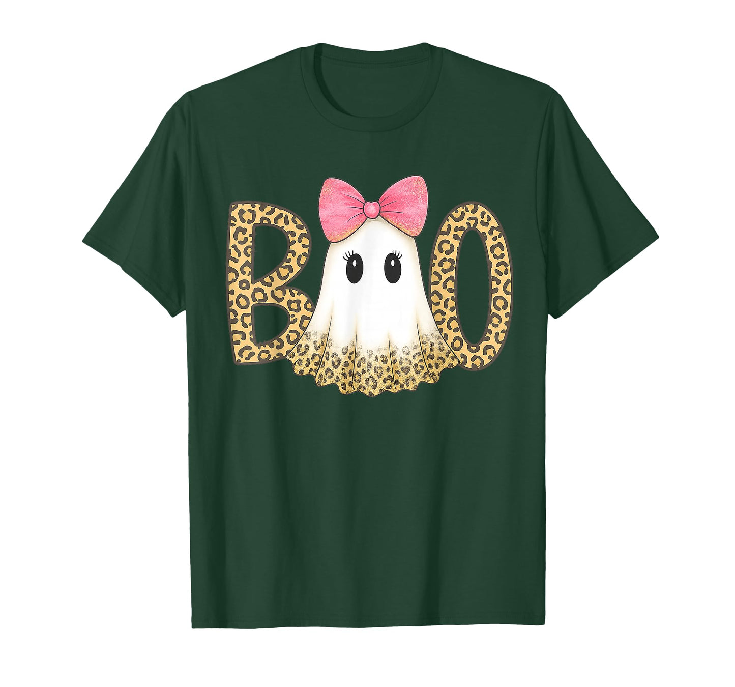 Cute Leopard Print Boo Ghost with Pink Bow Halloween T-Shirt