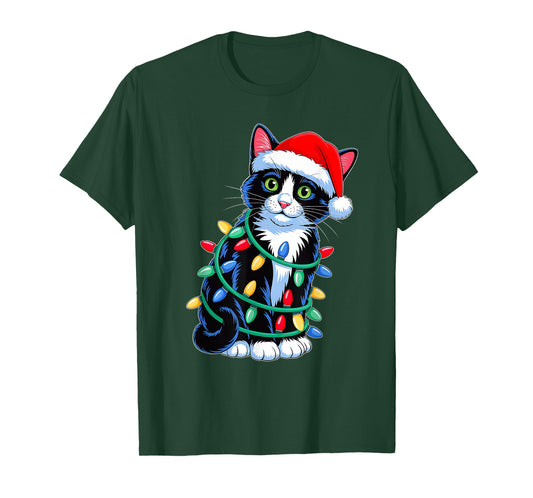 Black Cat Christmas Lights Santa Hat Xmas Family Men Women T-Shirt