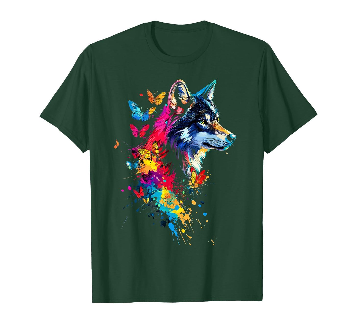 Wolf Colorful Butterflies Art T-Shirt