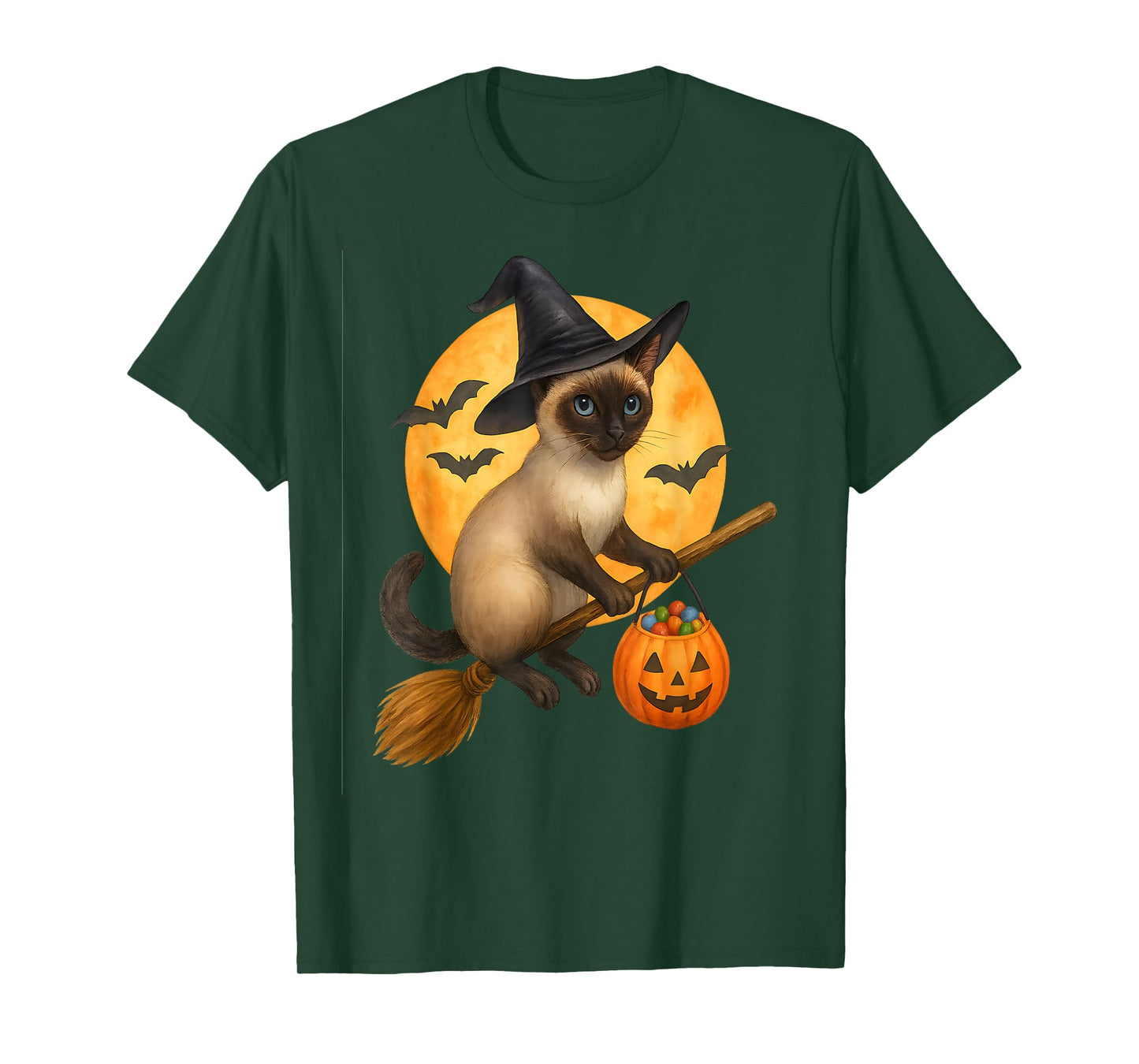 Cute Halloween Siamese cat Witch Flying on Broom with Candy T-Shirt