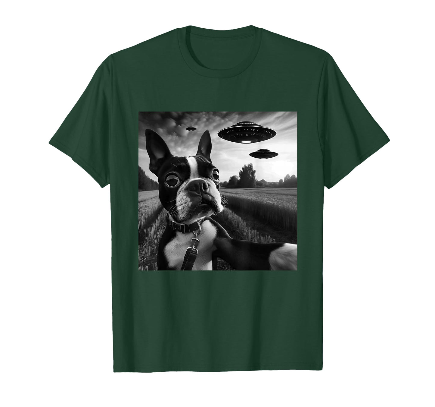 Boston Terrier Funny Graphic Selfie with UFOs Weird Aliens T-Shirt