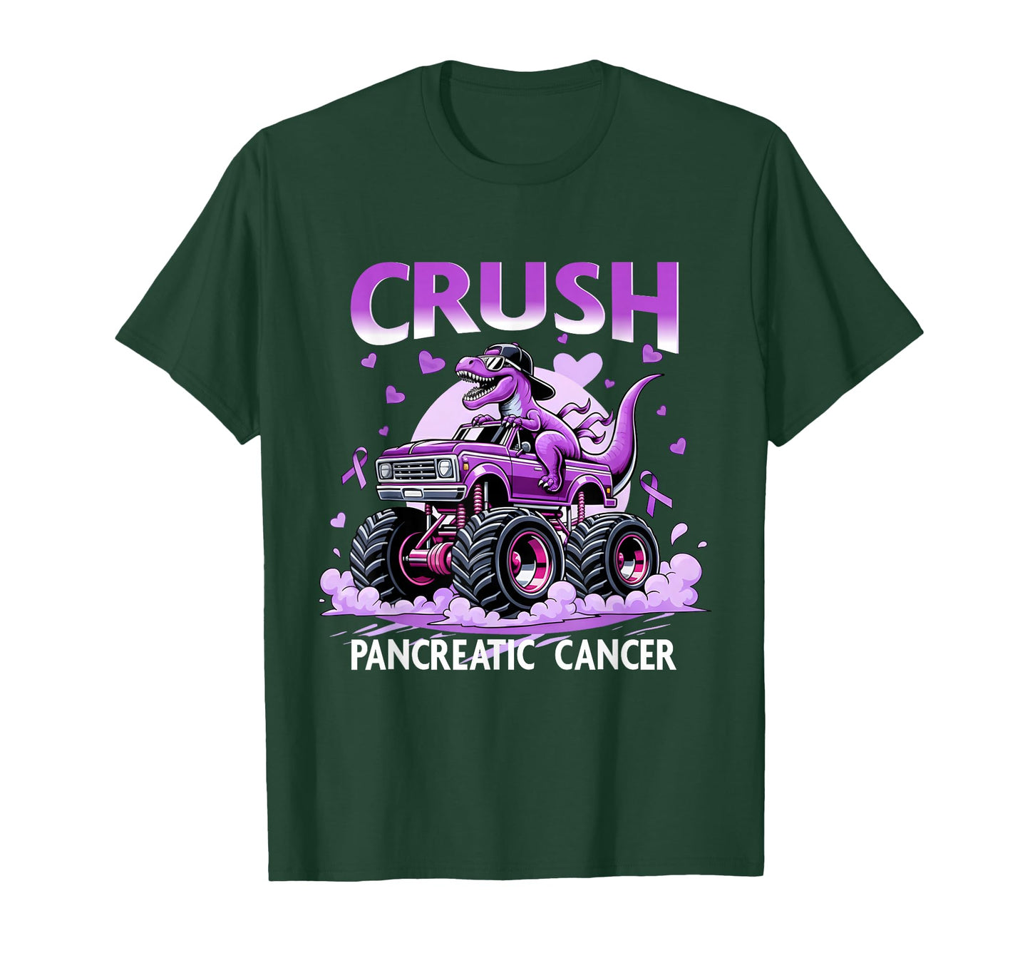 Crush Pancreatic Cancer Dino Truck Purple Ribbon Support T-Shirt