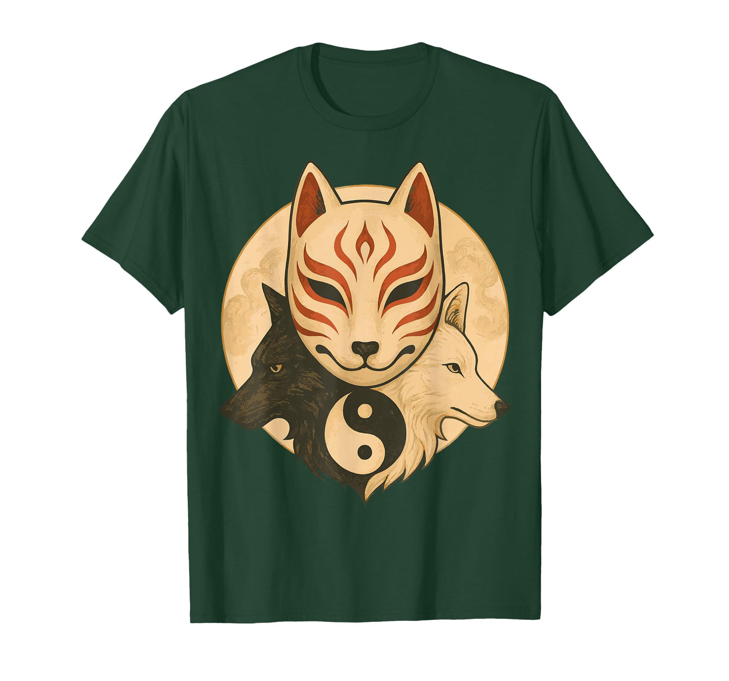 Kitsune Mask Yin Yang Wolves Balance Spirit Art T-Shirt