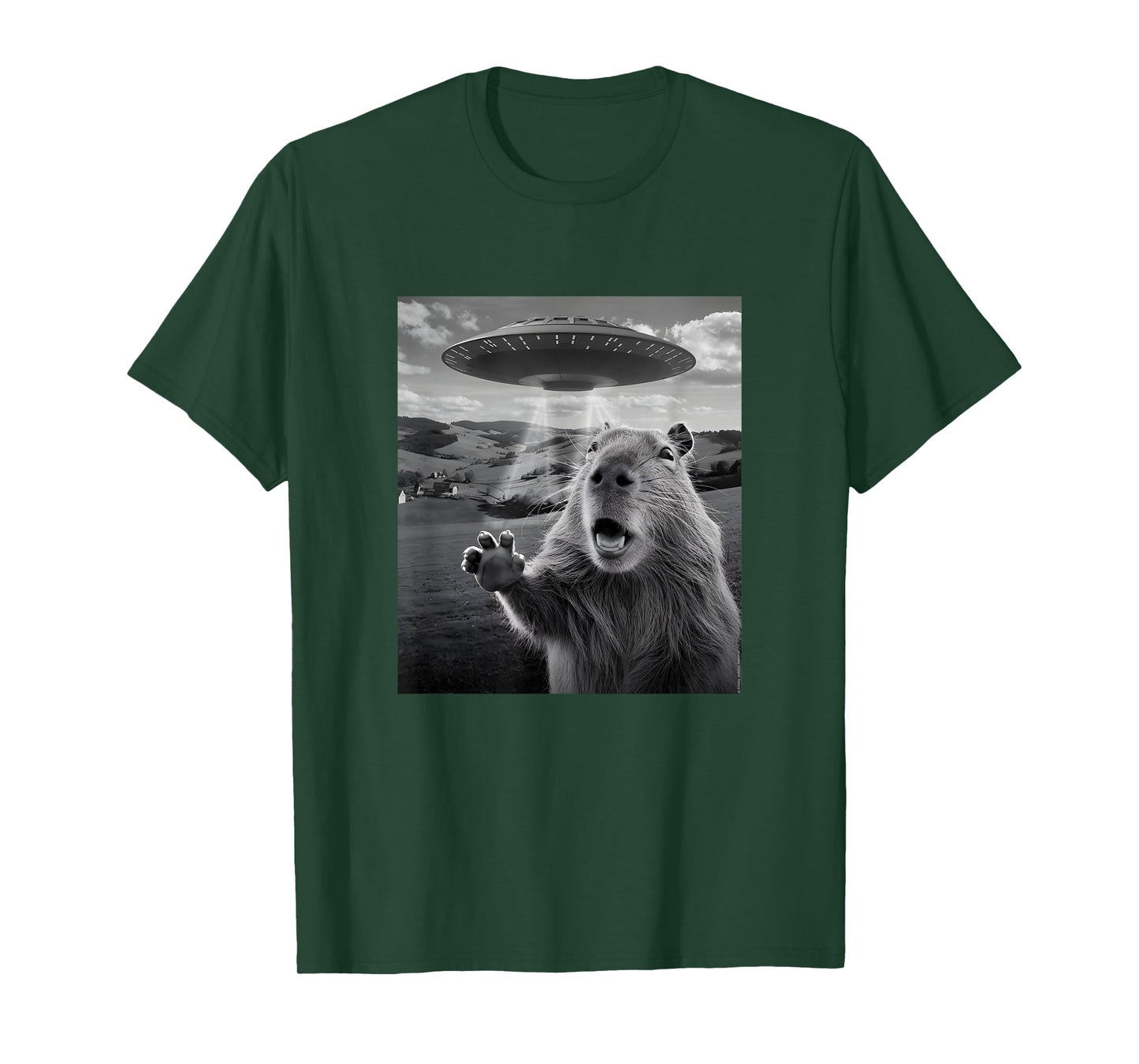 Alien UFO with Scared Capybara Funny UFO T-Shirt