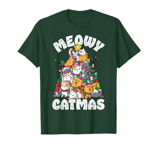 Meowy Catmas Cat Christmas Tree Xmas Girls Boys Funny Santa Short Sleeve T-Shirt