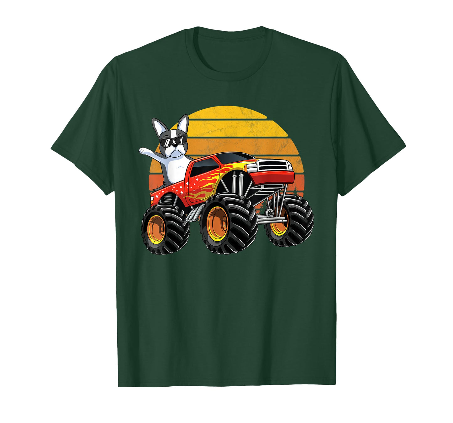 Monster Truck Boston Terrier Dog Retro Sunset Boys Kids Gift T-Shirt