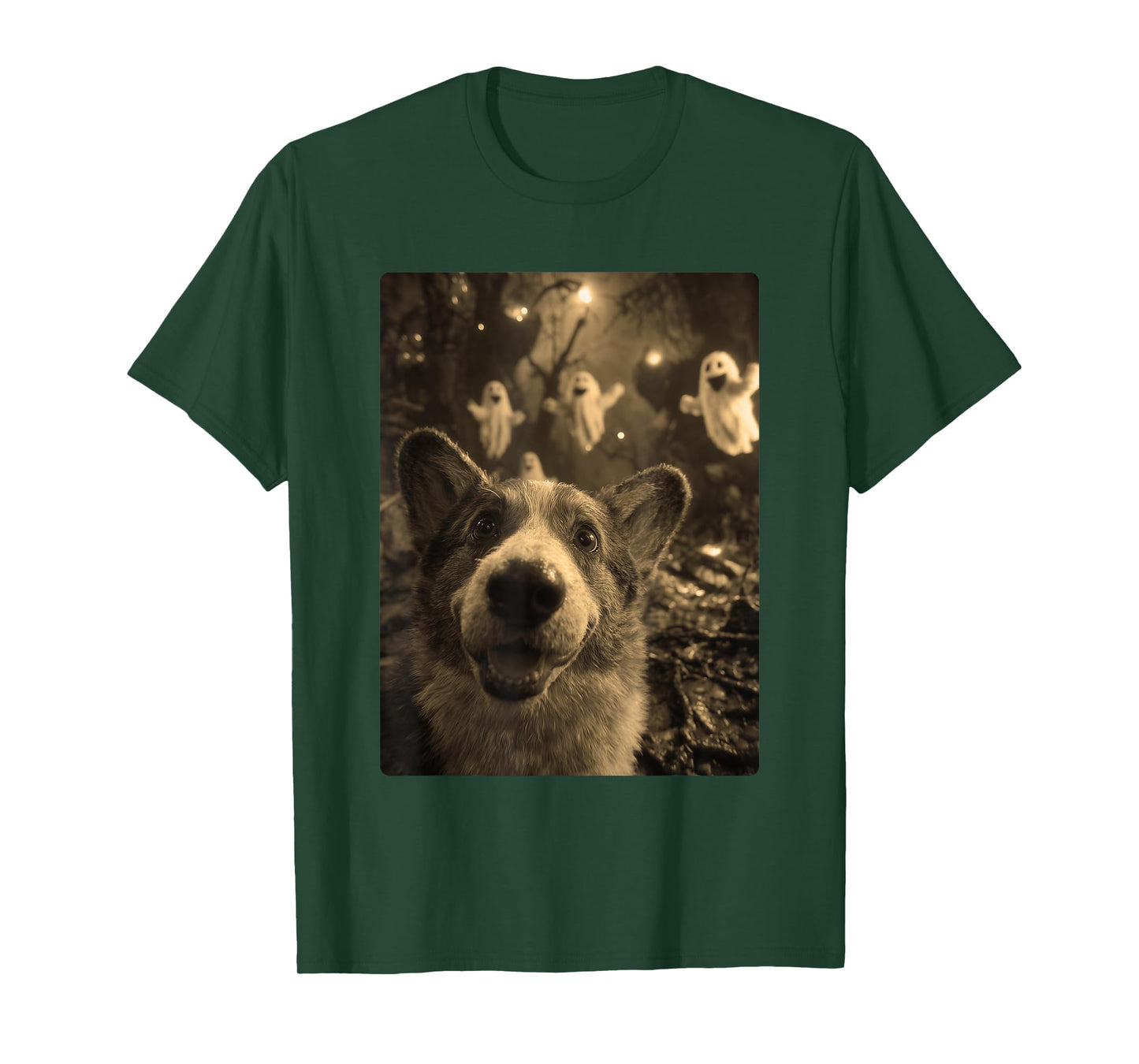 Funny Corgi Selfie with Ghosts Haunted Forest Halloween Dog T-Shirt