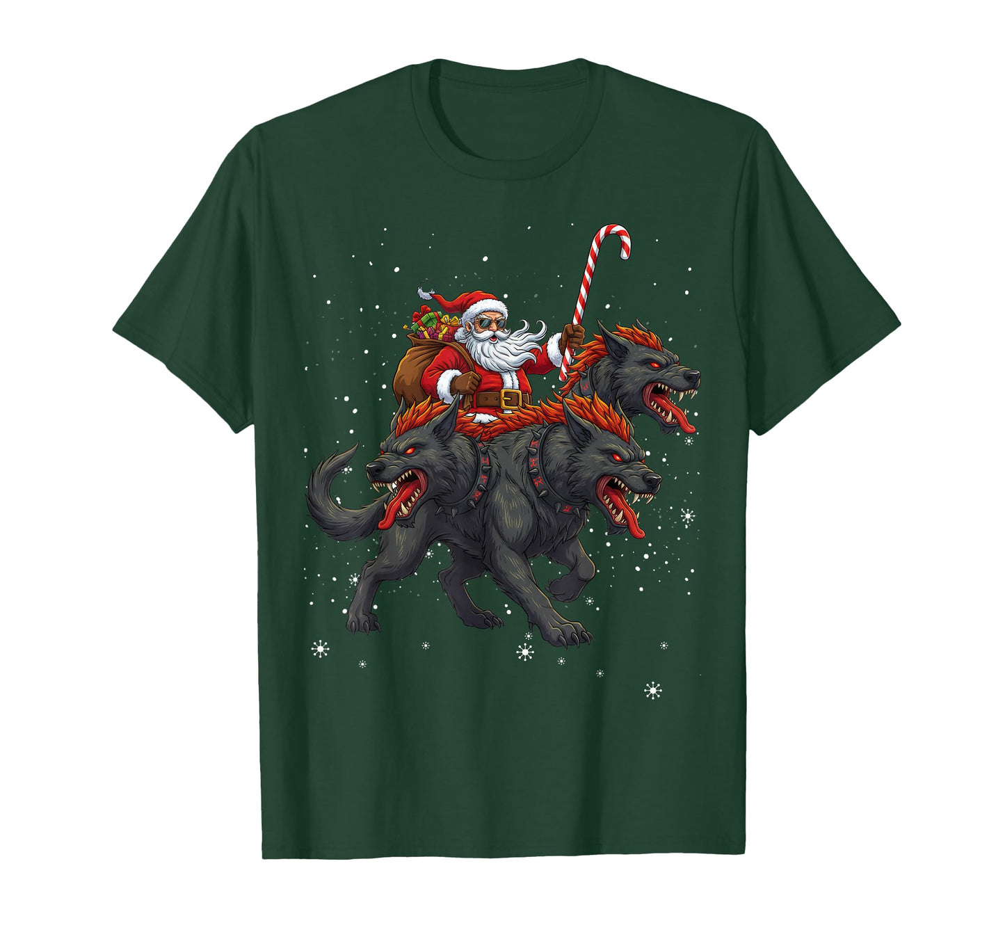 Santa Claus Riding Cerberus Mythical Christmas Monster T-Shirt