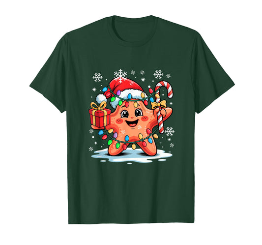 Santa Starfish Holding Candy Cane Xmas Box Colorful Lights T-Shirt