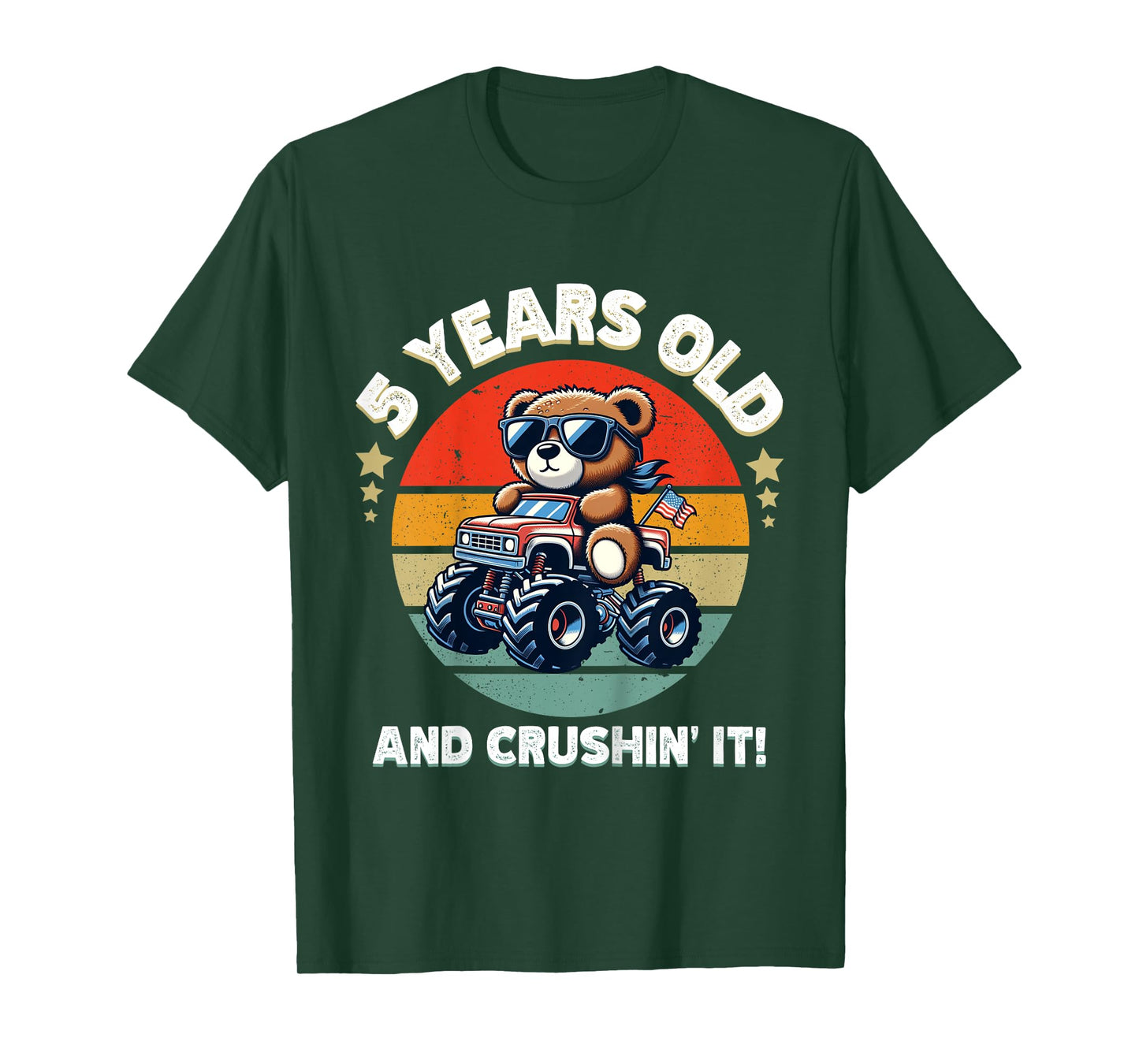 Kids Retro 5th Birthday Monster Truck Teddy Bear Crushin' It Boys T-Shirt