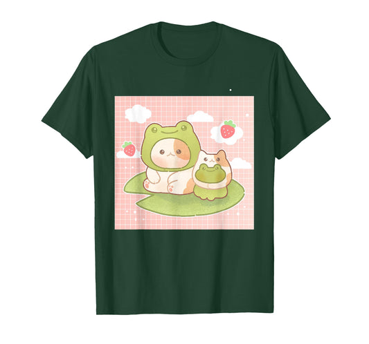 Kawaii Cat Frog Strawberry Retro 90s Cottagecore Aesthetic T-Shirt