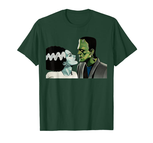 Frankenstein Monster & Bride Halloween Romantic Kiss Scene T-Shirt