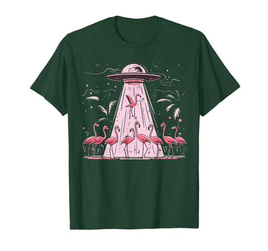 Alien UFO Abducting Flamingos Funny Women Girls Kids Men T-Shirt