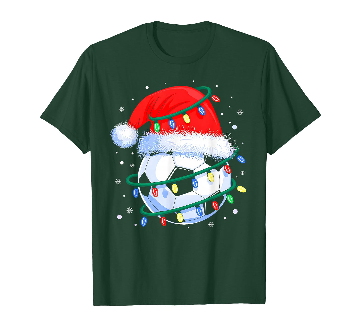 Funny Christmas Soccer Men Boys Santa Hat Xmas Tree Lights T-Shirt
