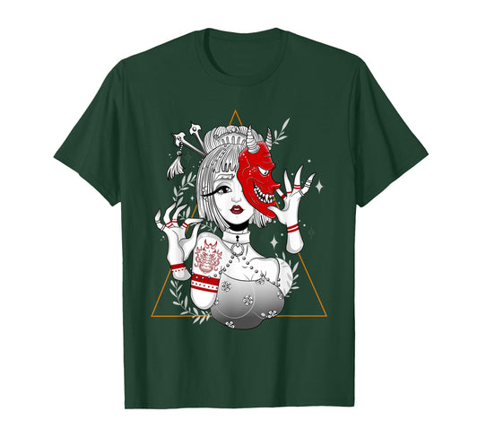 Japanese Demon Culture Samurai Geisha Girl Hannya Gift Tee T-Shirt