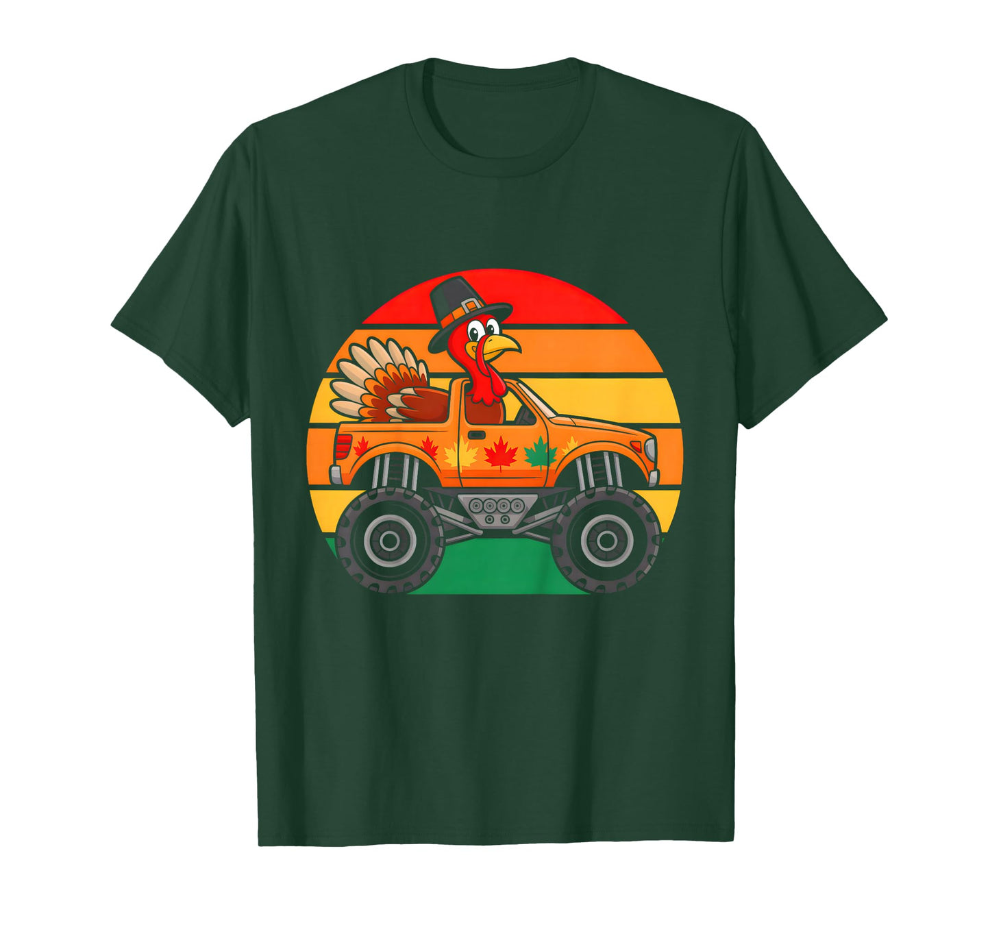 Kids Monster Truck Turkey Sunset Retro Funny Thanksgiving Boys T-Shirt