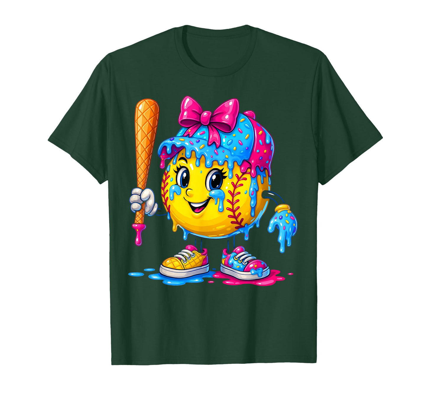 Softball Girls Ice Cream Drip Bat Sweet Sport Youth Game Day T-Shirt