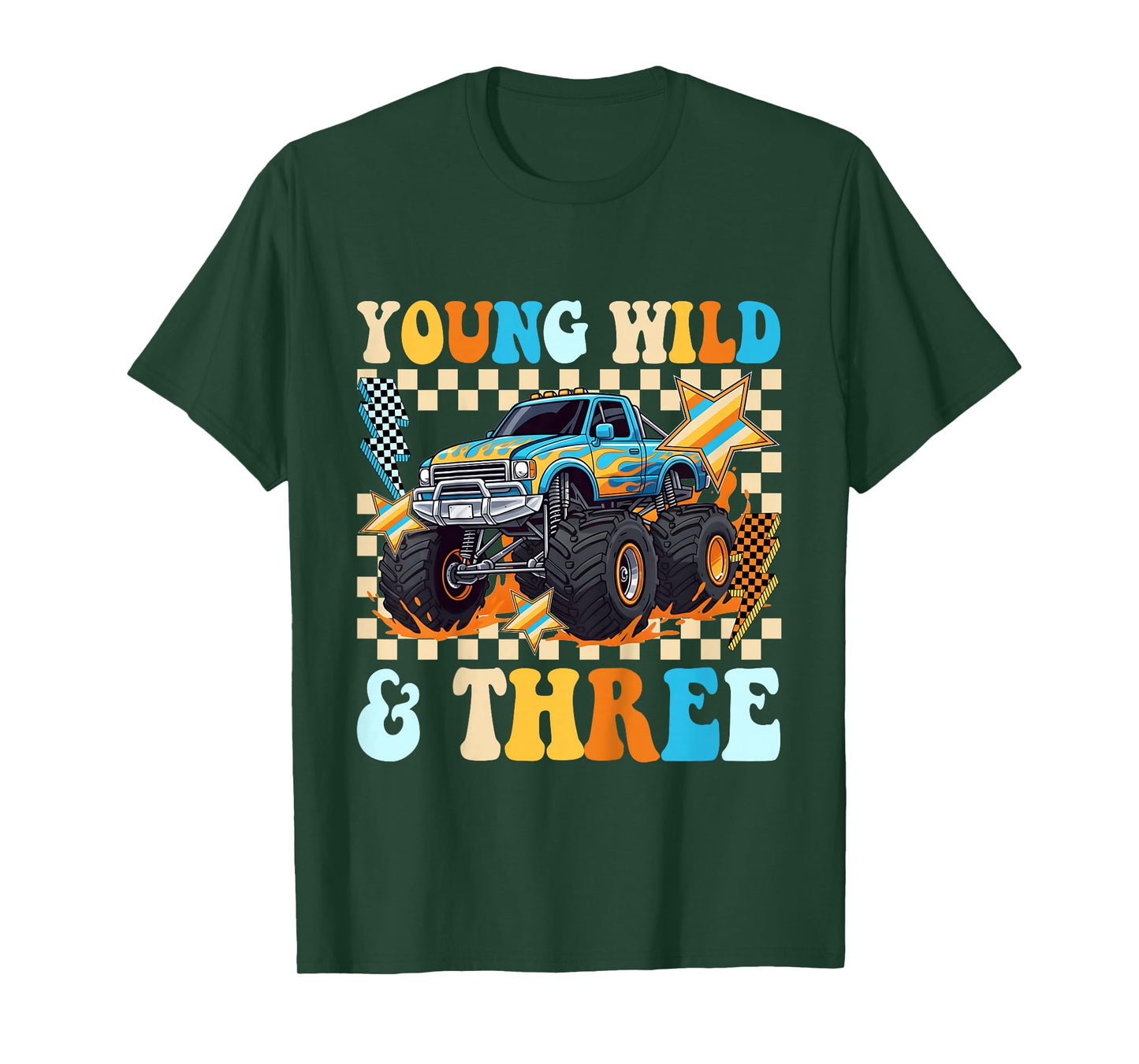 3rd Birthday Monster Truck Young Wild and Three Checkered T-Shirt