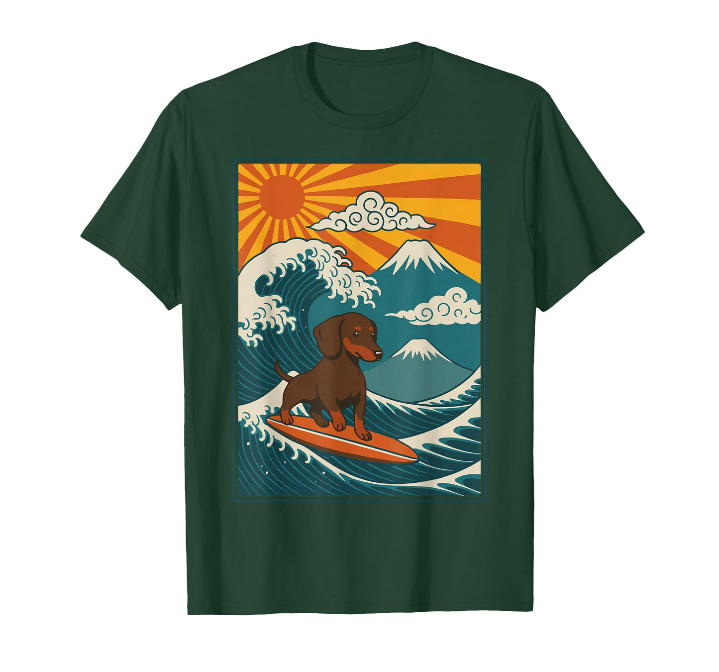 Dachshund Surfing Japanese Wave Weiner Dog T-Shirt