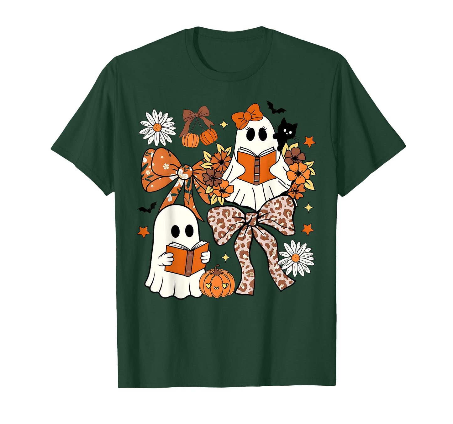 Ghost Reading Books Leopard Pumpkin Coquette Bow Halloween T-Shirt
