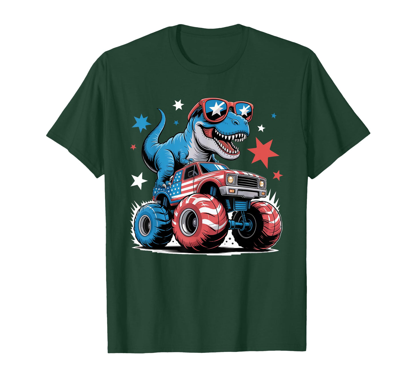 4th of July Patriotic Dinosaur Monster Truck USA Flag kids T-Shirt