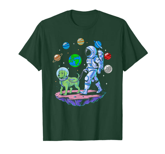 Astronaut Walking Alien Dog in Space with Planets Art T-Shirt