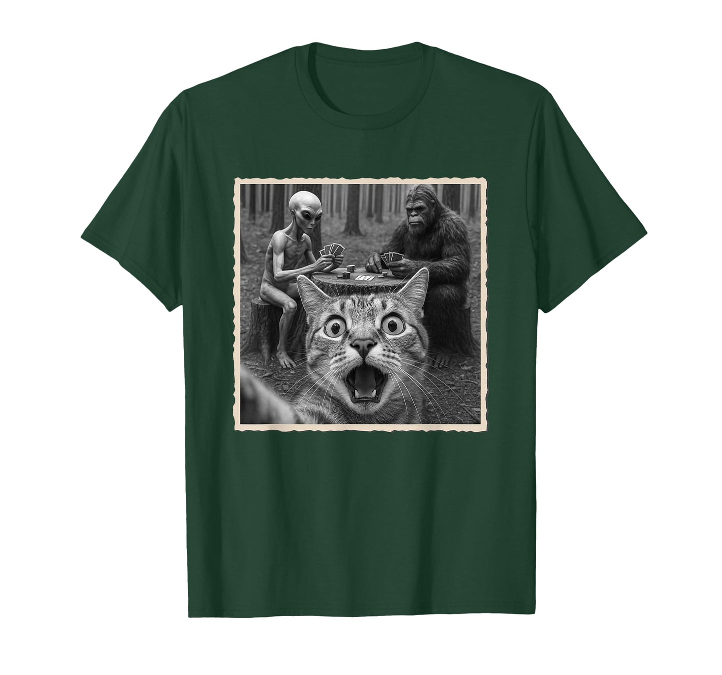 Cat Selfie With Alien & Bigfoot | Funny Scared Cat T-Shirt