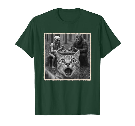 Cat Selfie With Alien & Bigfoot | Funny Scared Cat T-Shirt