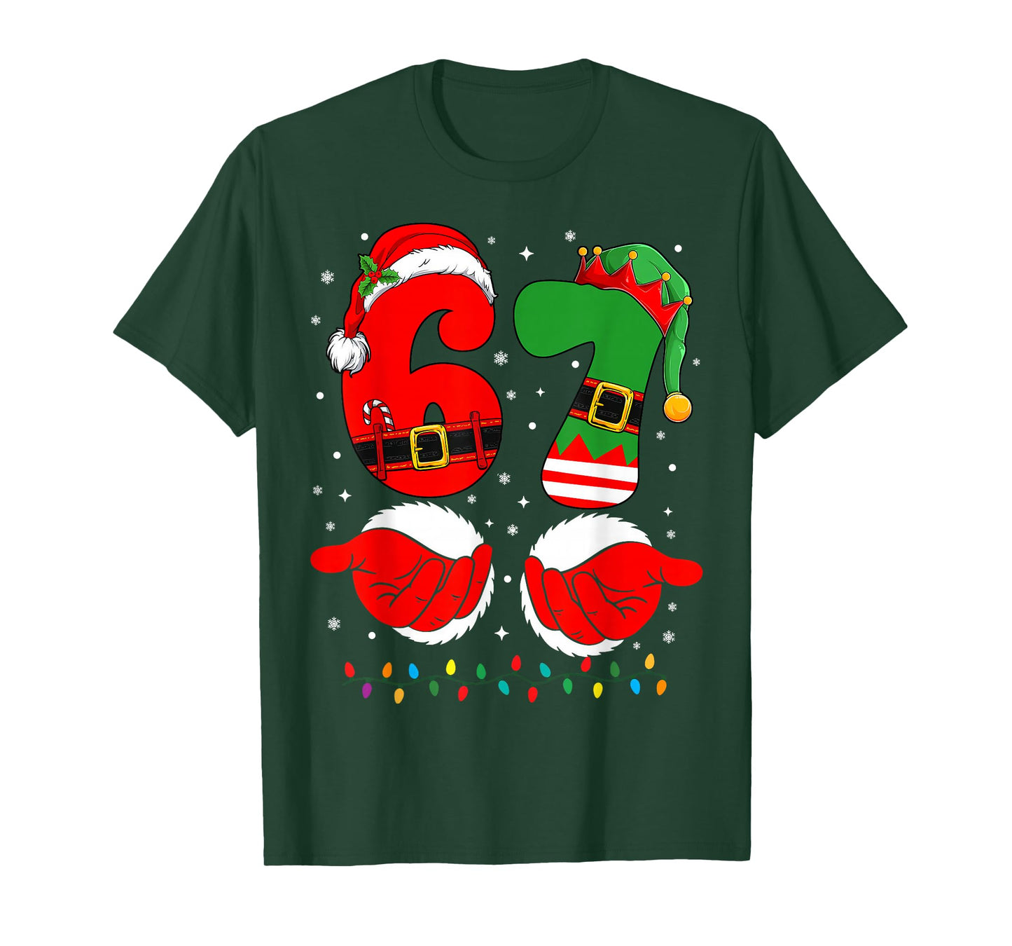 6 7 Six Seven Meme Christmas Santa Hands Elf Xmas Light T-Shirt