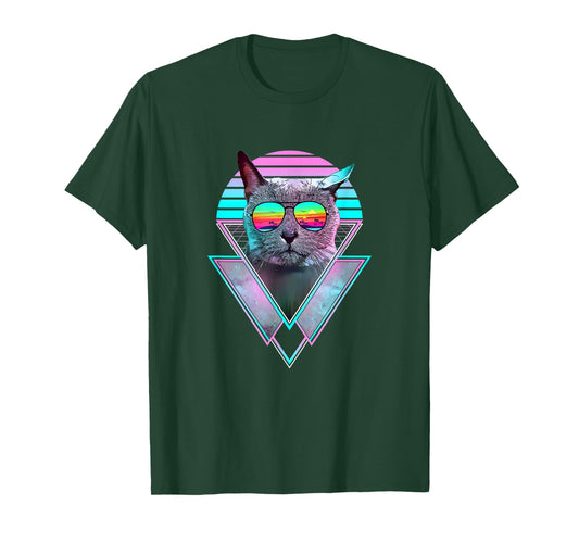Russian Blue Cat Vintage Retro Vaporwave Beach Vibe Summer T-Shirt