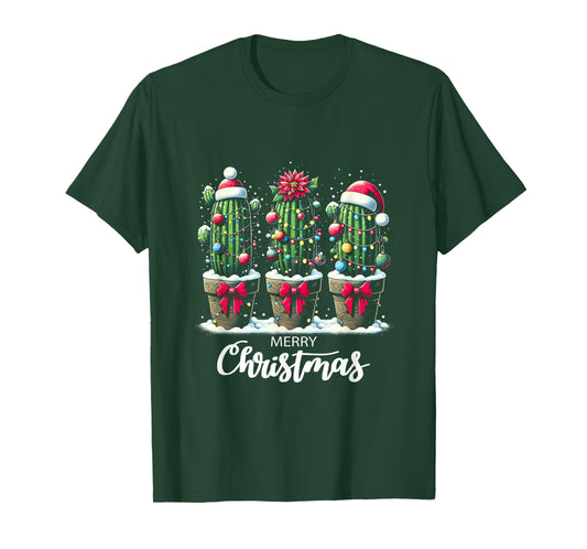 Cactus Surrounded By Christmas Trees Lights Santa Hat Cacti T-Shirt
