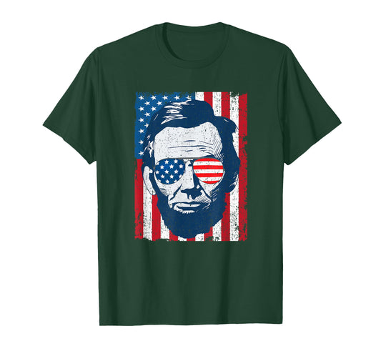Abe Lincoln Beard Sunglasses & American Flag 4th of July T-Shirt