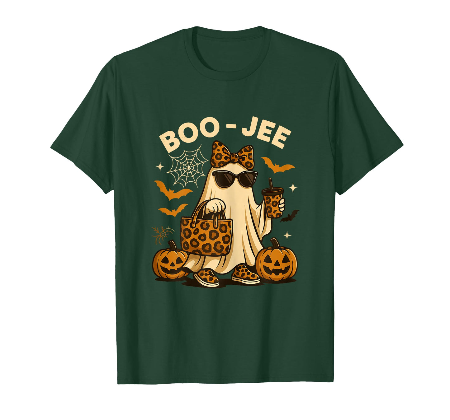 Halloween Shirts for Women Leopard Boo JEE Ghost with Coffee T-Shirt