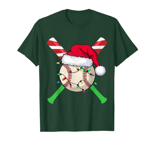 Funny Baseball Christmas Lights Candy Cane Bat Xmas Gifts T-Shirt