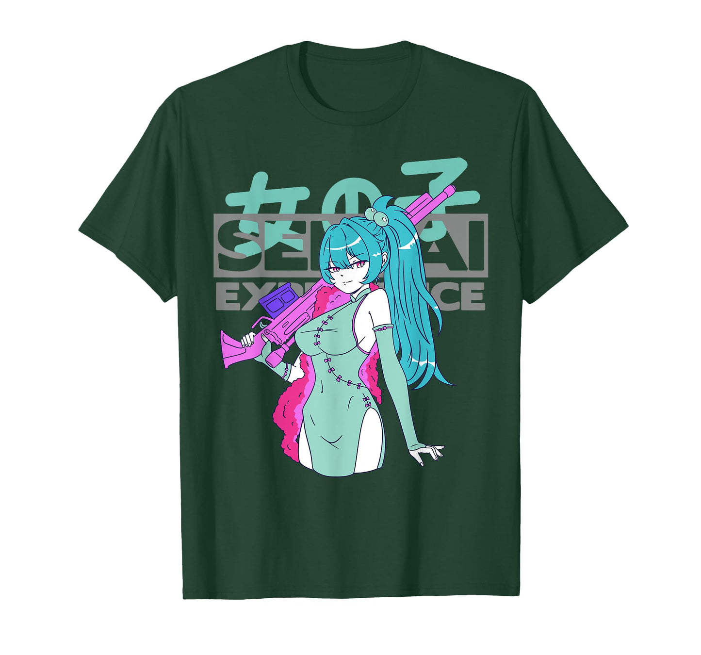Sexy Waifu Anime Girl with Sniper Rifle and Blue Hair Senpai T-Shirt