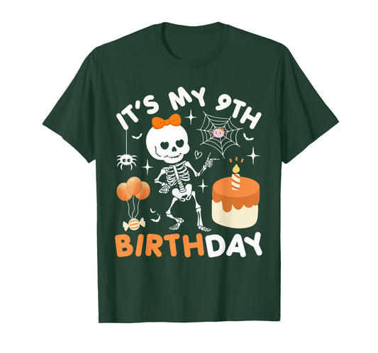 Its My 9th Birthday Funny Halloween Skeleton 9 Birthday Girl T-Shirt