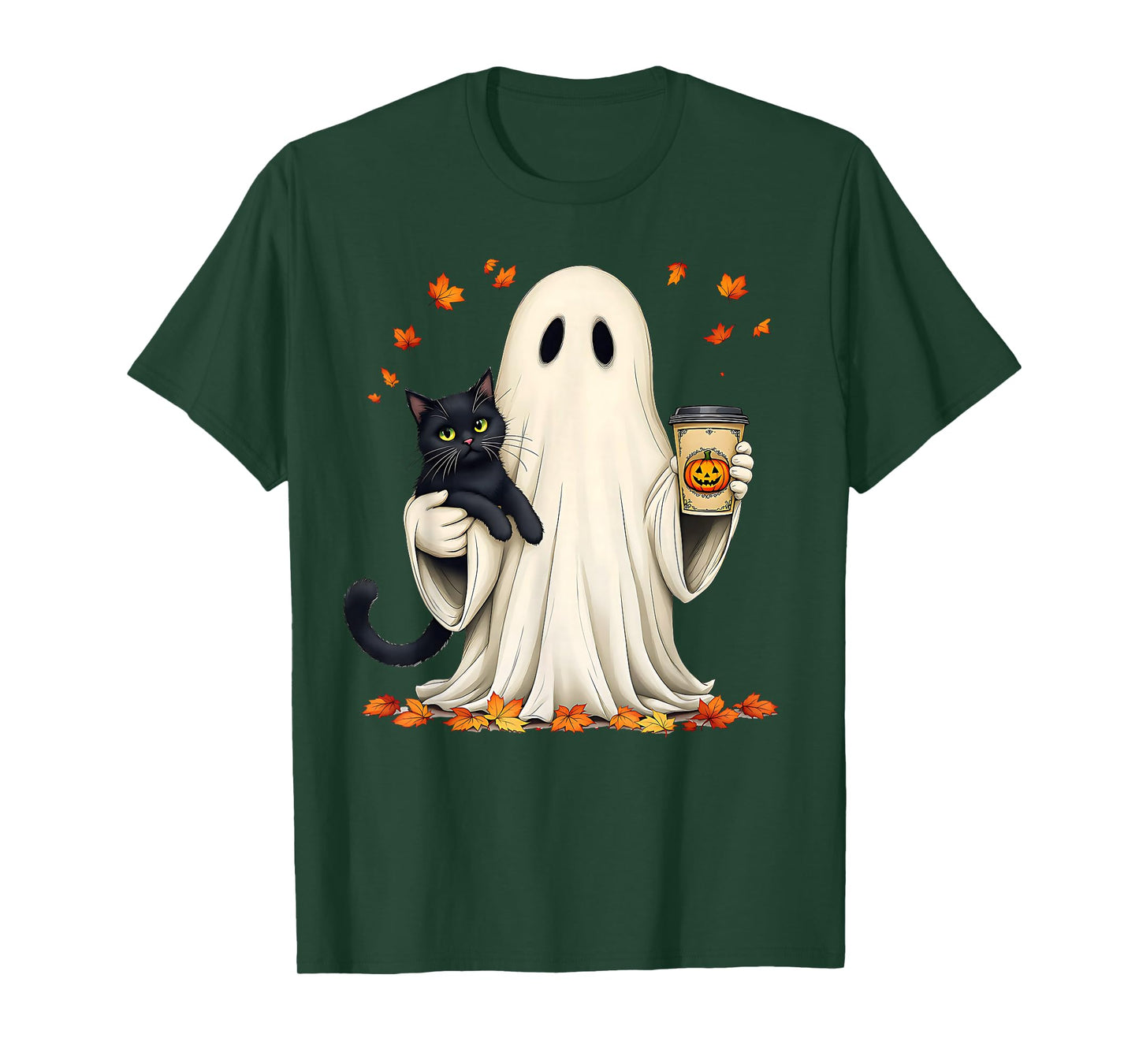 Ghost Holding a Cat with Pumpkin Coffee Halloween & Autumn T-Shirt