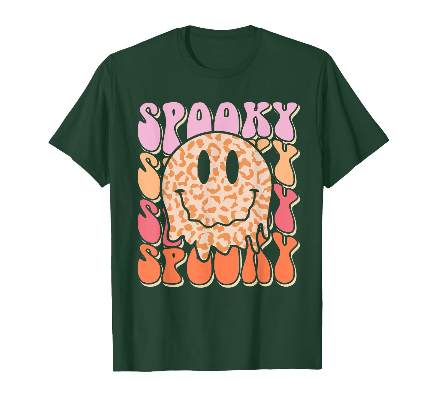 Groovy Halloween Spooky Leopard Smile Face Checkered T-Shirt