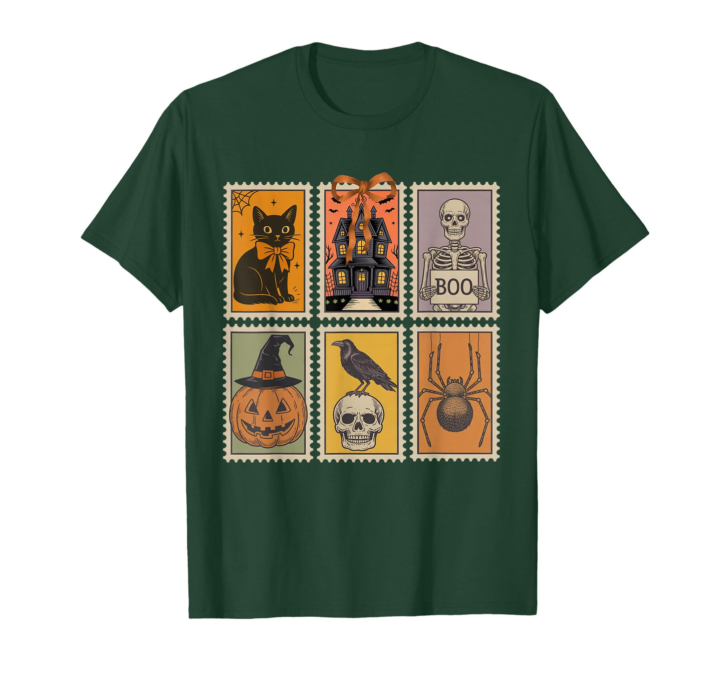 Vintage Halloween Stamp Cute Ghost Pumpkin Cat Retro Fall T-Shirt