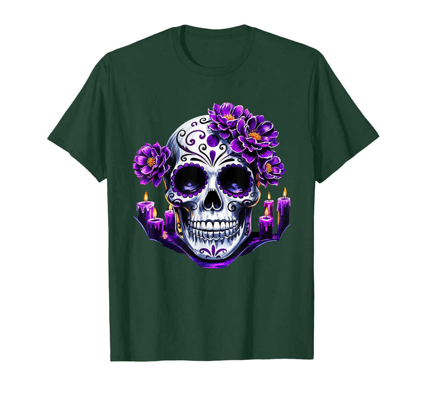 Purple Floral Black Sugar Skull Day of The Dead Mexican Pray T-Shirt