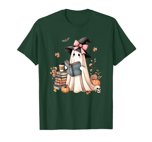 Cute Ghost Reading Book Librarian Book Lover T-Shirt