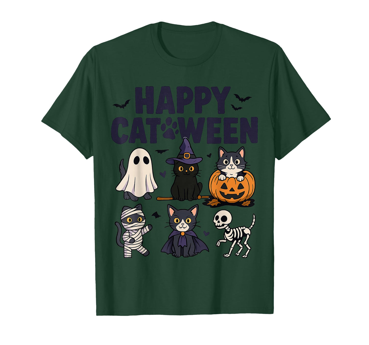 Happy Catween Funny Halloween Cats in Costumes Art T-Shirt