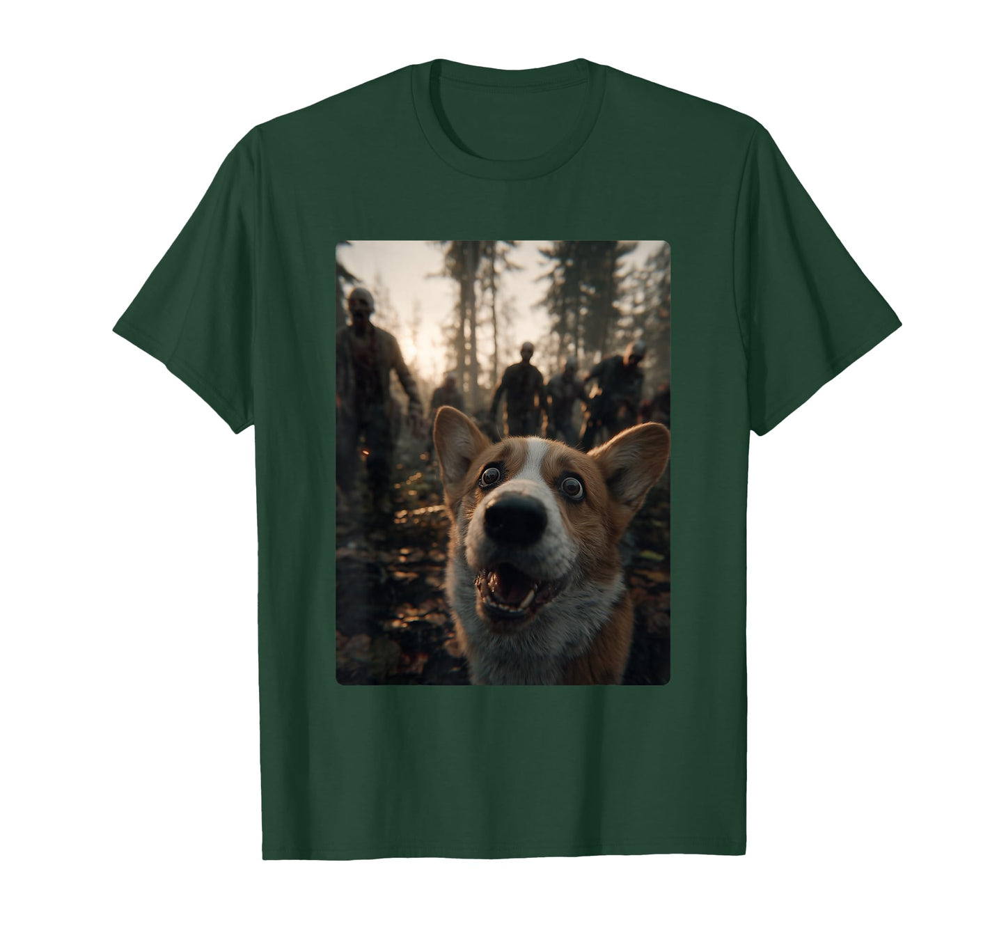 Funny Corgi Selfie with Zombies Spooky Forest Halloween Dog T-Shirt
