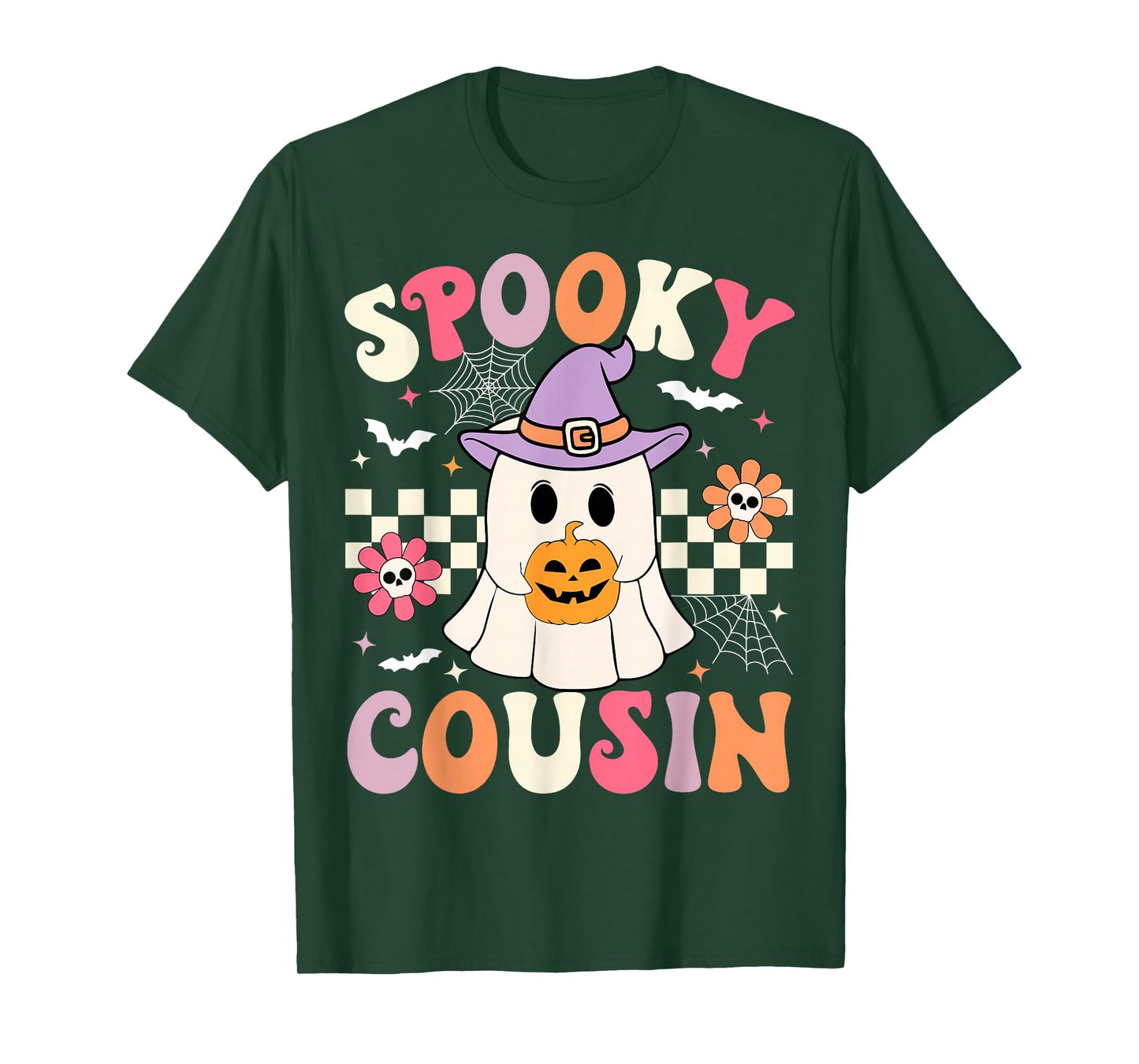 Groovy Spooky Cousin Retro Ghost Holding Pumpkin Halloween T-Shirt