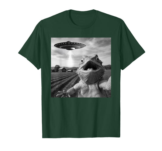 Funny Bearded Dragon Selfie With Alien UFO T-Shirt
