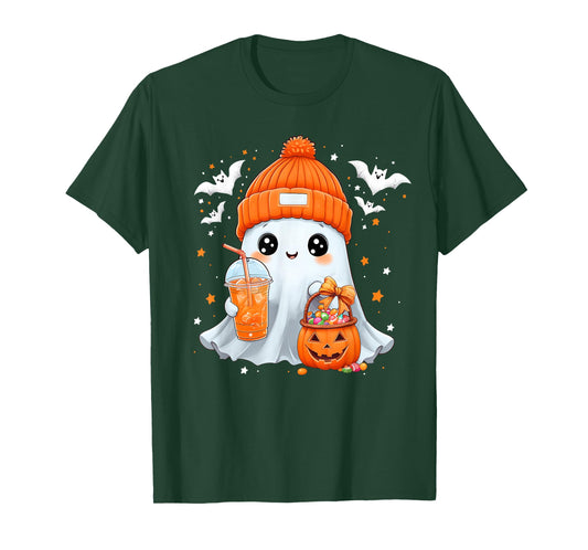 Cute Halloween Ghost Drink Pumpkin Spice Beanie Girl Women T-Shirt